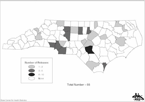 Map Showing Number of Hydrochloric Acid Release in each county of North Carolina