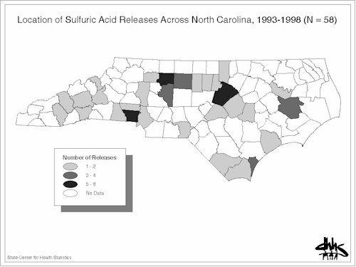 Map Showing Number of Sulfuric Acid Releases in each county of North Carolina